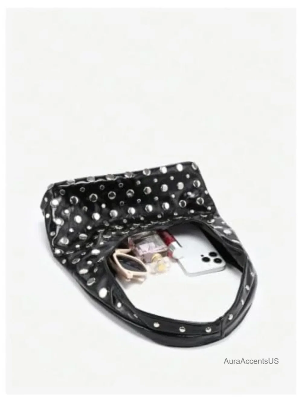 Faux Leather Rivet Studded Hobo Handbag Top Handle Y2K Punk Crescent Purse